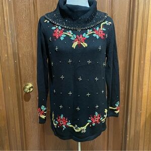 Black Floral Embroidered XMAS Turtleneck Sweater Metallic Embellishments Small